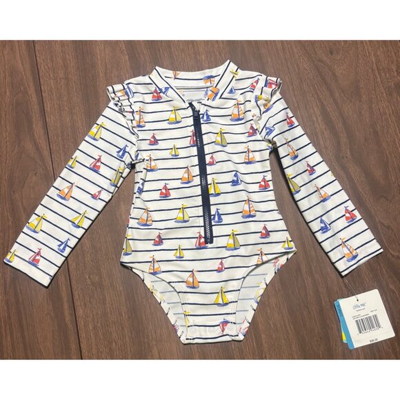 Little Me Baby Girls Long Sleeve Rashguard Swimsuit Sailboat Print UPF 50+ 24M - Picture 1 of 6